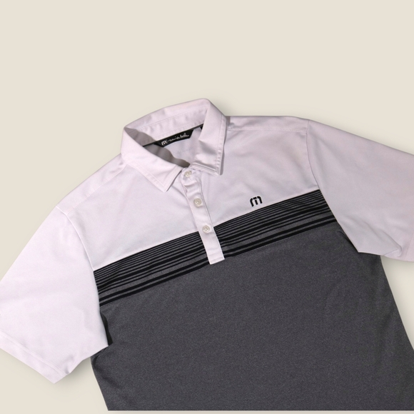 Travis Mathew Golf Polo Men’s Medium Short Sleeve Shirt Preppy Logo White & Gray - Picture 2 of 10